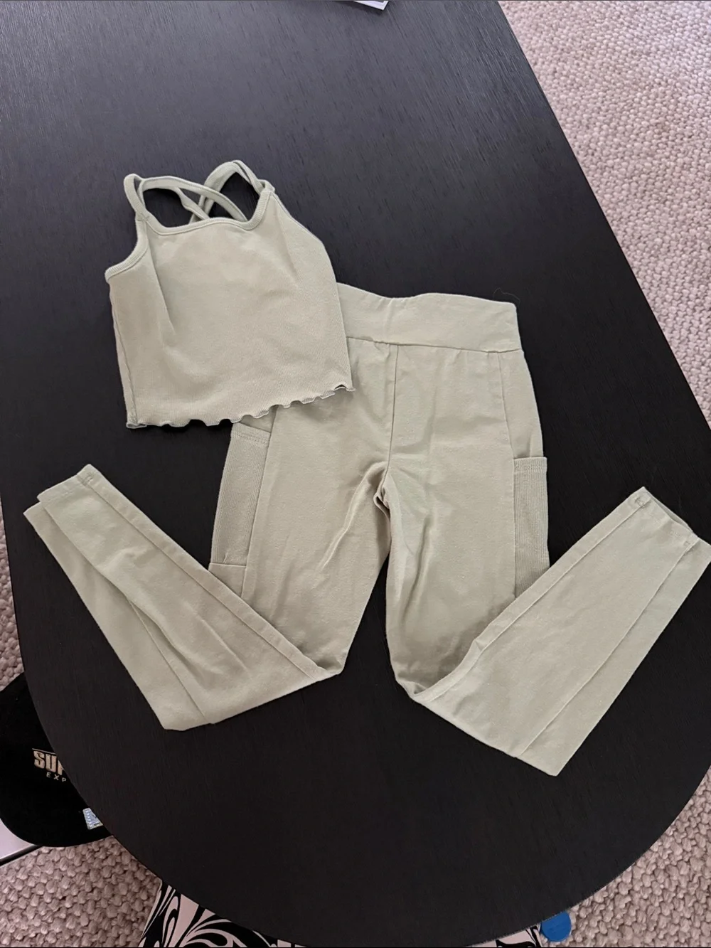 New girls Light Sage Ribbed Crop Tank & High-Waist Leggings Set small (6-7)